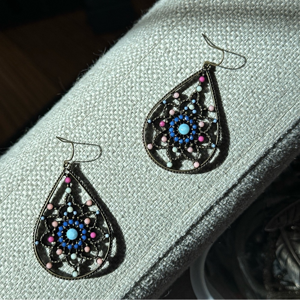 Bohemian Teardrop Earrings with Pink and Blue Beads - Picture 3 of 5